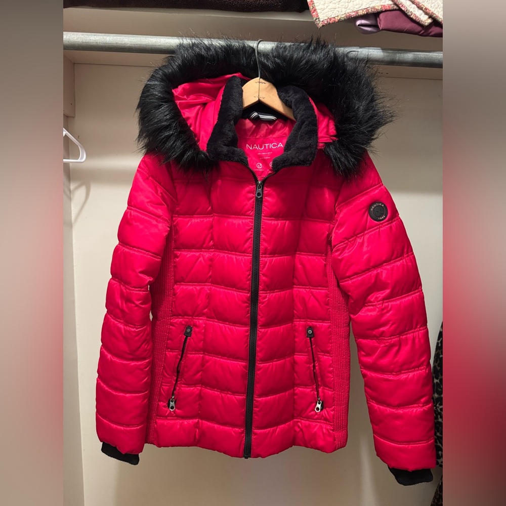 Nautica Womens Vibrant Red Puffer Coat with Faux Fur Trim